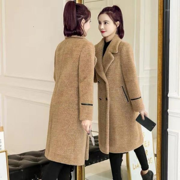 

women faux mink woolen coat warm turn-down collar long outerwear female casual jacket overcoat1, Black