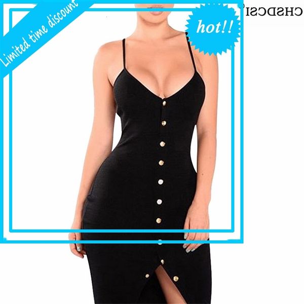 

chsdcsi spaghetti band mouwlless deep v-neck jurk split breasted women solid party elegant summer black red plus size