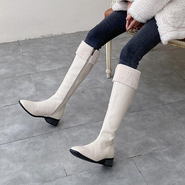 

boots genuine leather knee high thick low heels winter warm shoes woman night club party women black beige1