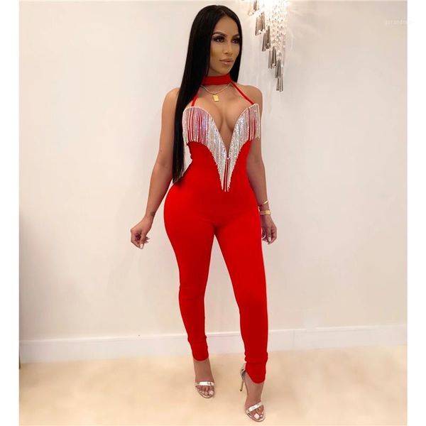 

halter crystal tassel v-neck skinny bandage women's romper jumpsuit christmas party jumpsuits1, Black;white