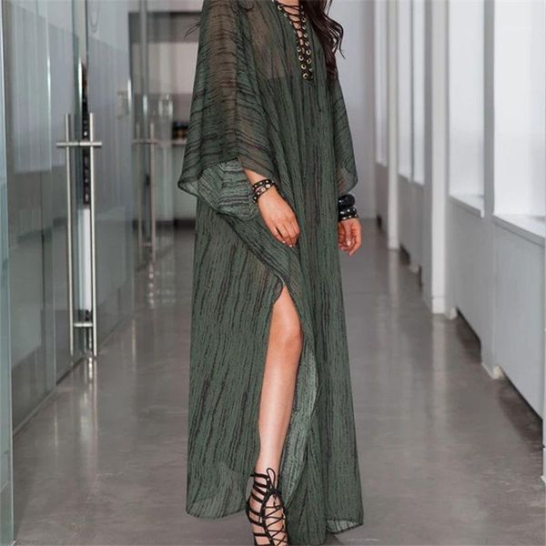 

casual dresses 2021 lace up deep v-neck loose long summer beach dress plus size women beachwear bats sleeve black chiffon maxi n9771, Black;gray