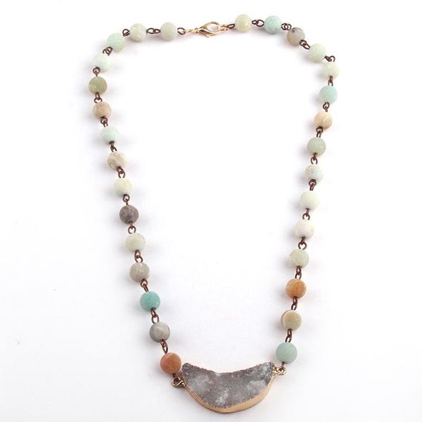 

pendant necklaces moodpc fashion bohemian tribal artisan jewelry amazonite rosary chain druzy moon charm choker women necklace, Silver