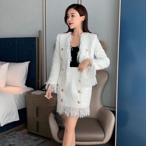 

two piece dress jacket women fall winter woolen fringed tweed tassel set v-neck white slim long sleeve loose outfits