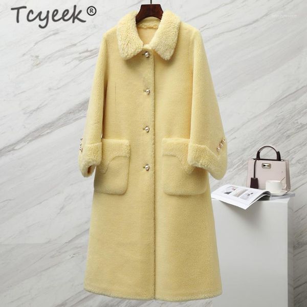 

tcyeek fashion winter jacket women real fur coat female 2019 korean vintage long wool jackets ladies cashmere outerwear 19c51111, Black