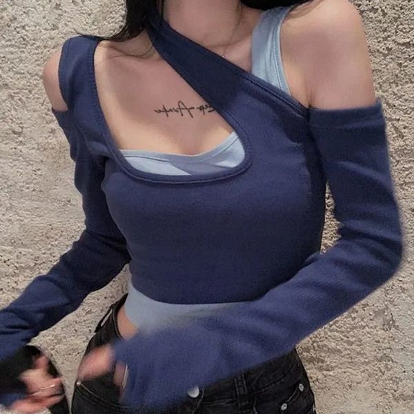 

new women 2021 off the shoulder irregular two-piece woman shirts letter print short high street bottoming 1 93q6, White