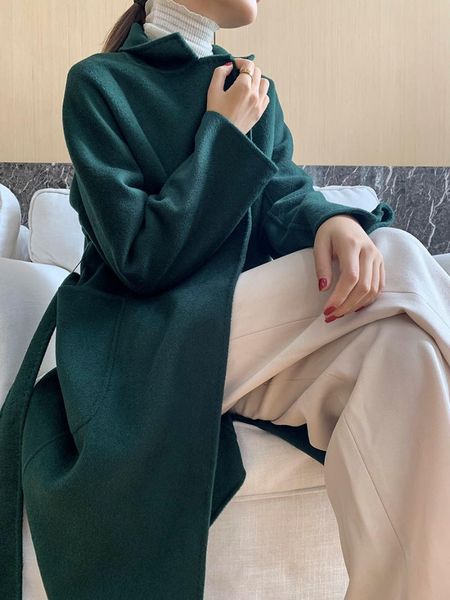 

women's double face cashmere coat with water ripple pattern solid color simple elegant long overcoat with belt, Black