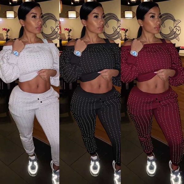 

gym clothing 2 pcs women's long sleeve sportswear solid color off shoulder elastic rhinestones crop tight-fitting pant outfit set, White;black