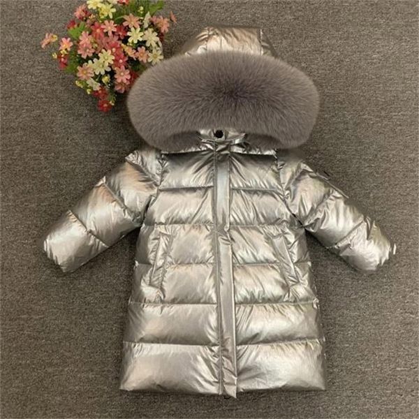 

girls long down jacket children winter thick coat really fox fur collar 201102, Blue;gray
