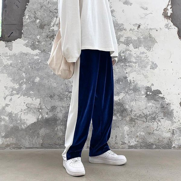 

thick velvet sweatpants men's fashion hit color casual joggers pants men streetwear loose straight wide-leg pants mens m-5xl, Black