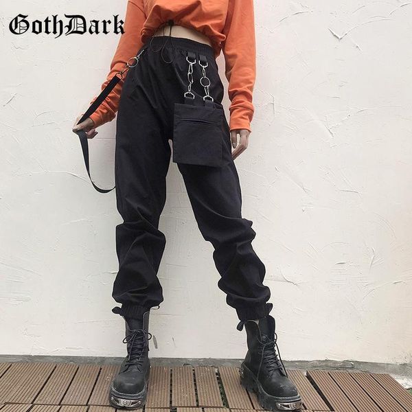 

goth dark gothic long female pants harajuku autumn 2020 vintage metal ring pockets high waist women's trousers punk streetwear1, Black;white