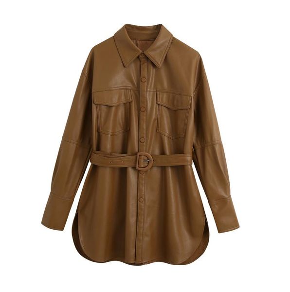 

bottle united states versatile 2021 women's leather windbreaker belt waist leather coat coat clothing wholesale, Black