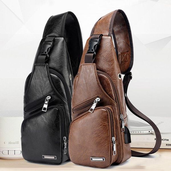 

2021 men's usb charging bag men's chest bag for custom pu pvc shoulder diagonal package messenger travel cross body bags