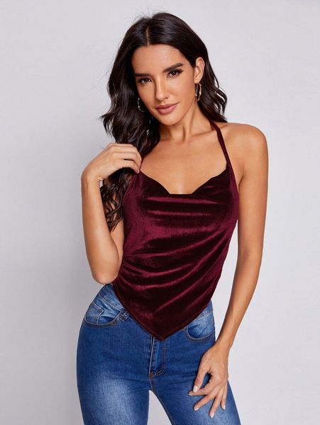 

draped neck hanky hem tied back velvet halter z1z0#, White