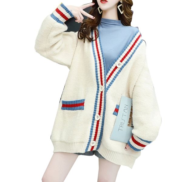 

women long sleeves knitted cardigan sweater contrast color single-breasted coat m5te h1211, White;black