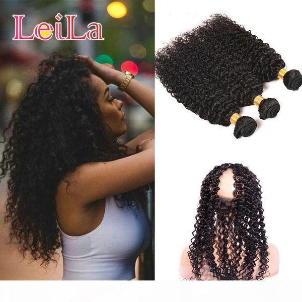 

malaysian kinky curly 4pieces human hair pre plucked baby hair 360 lace frontal with bundles leila natural color kinky curly, Black;brown