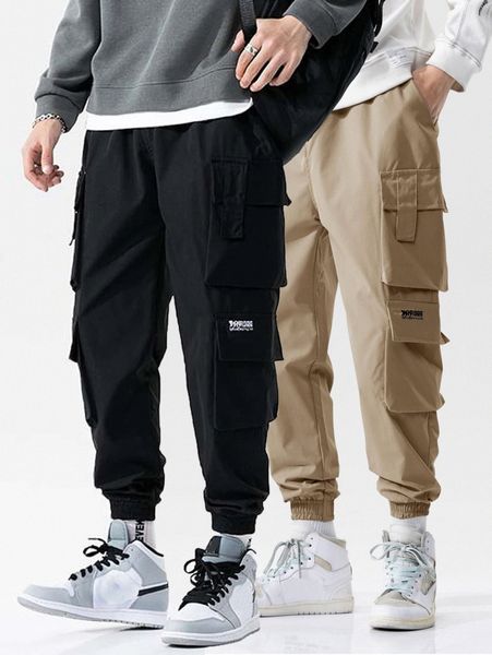

men 2pcs patch detail cargo pants 92k2#, Black