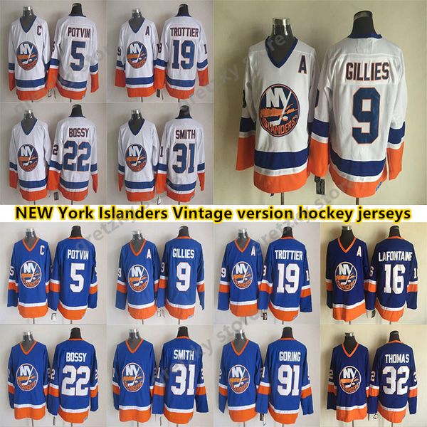 

new york islanders vintage version jerseys 5 potvin 9 gillies 16 lafontaine 19 trottier 22 bossy 31 smith ccm hockey jersey, Black;red
