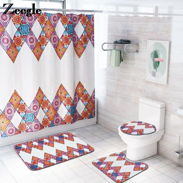 

modern bathroom set geometric pattern bath mat and shower curtain set memory foam absorbent toilet mat shower bath rugs1
