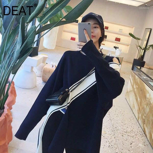 

deat 2019 autumn and winter new products asymmetric contrast stripe splicing off shoulder knit long sleeve sweater pb0491, White;black
