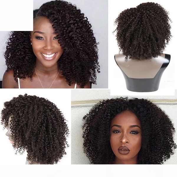 

natural afro kinky curly 100% human hair wigs for women lace front wigs 150% density pre plucked brazilian virgin remy hair, Black;brown