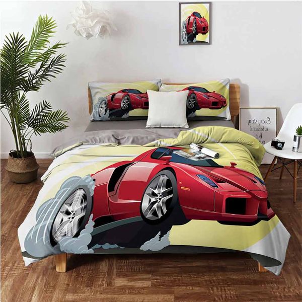 

powerful cartoon red car speeding jumping with smoke coming out of giant tiresbedding 3-piece set