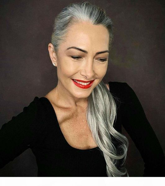 

1pcs natural straight salt and pepper brown to grey human hair ponytail for european brazilian natural highlights grey ponytail puff bun120g, Black