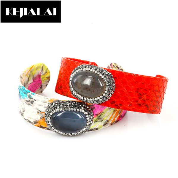 

bangle snake skin punk style python leather bangles for women natural stone pave rhinestone adjustable open cuff luxury jewelry, Black