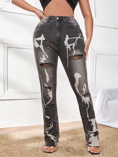 

sxy ripped graphic print bootcut jeans q7df#, Blue