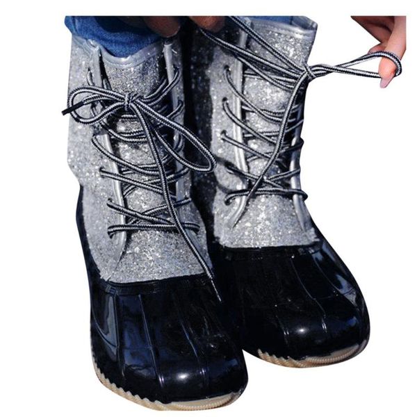 

rain boots women shoes casual sparkling glitter waterproof lace-up ankle bootie winter boots women botas mujer invierno 2020 30, Black