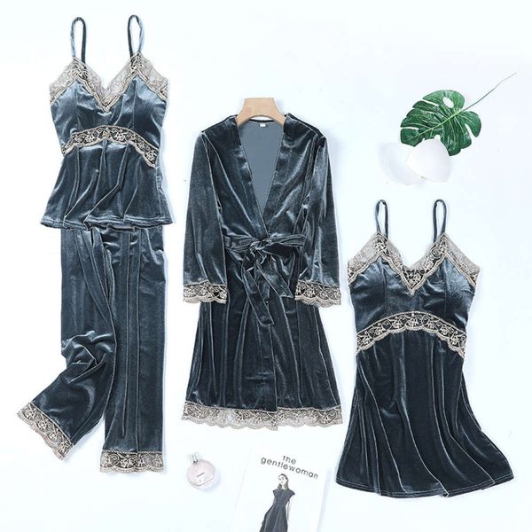 

new velvet pajamas nightgowns robe gown women women's with chest cushion four piece suit autumn and winter long sleeve lingerie, Black;red