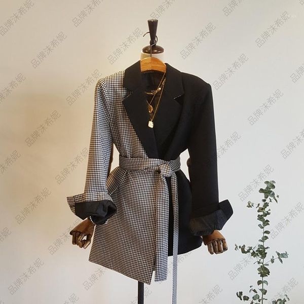 

superaen spring and autumn retro plaid patchwork notched small suit women irregular tie waist blazer women1, White;black