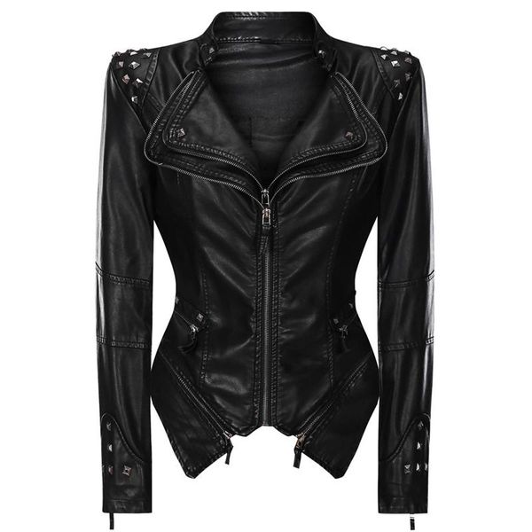 

women's fur & faux 2021 leather jacket women fashion pu jackets ladies black motorcycle biker streetwear gothic rivet coat chaqueta