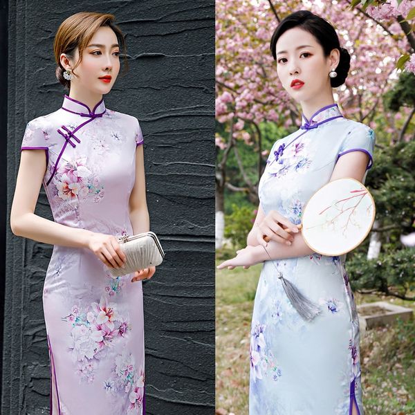 

2020 весной новый cheongsam китайский стиль длина среднего короткий рукав шелк имитация воротник высокий тонкий стенд перерезал улучшенный c, Black;gray