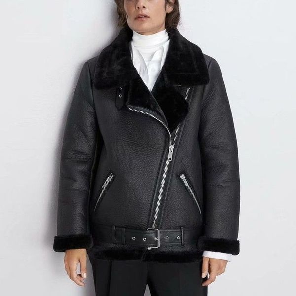 

thick faux leather fur coat women sheepskin female velvet lining leather jacket aviator belt warm overcoats winter 201020, Black
