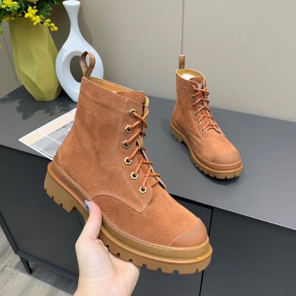 

designer womens boots luxury caramel orange suede lace-up flat heel round head boots with box size 35-40, Black