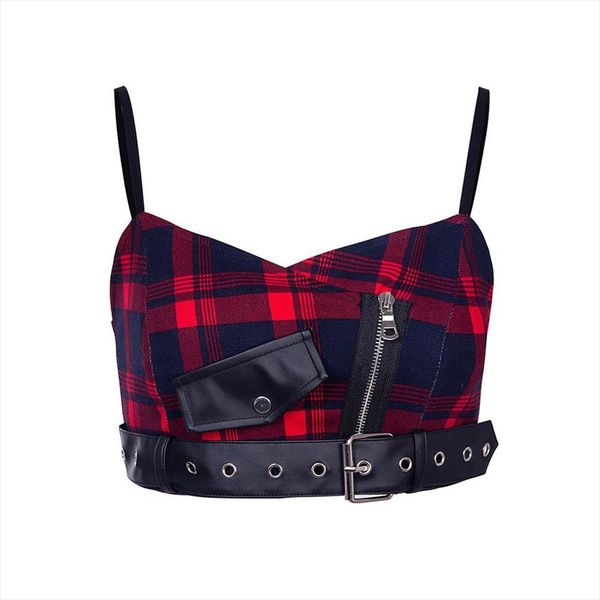 

strap tank women gothic red plaid zipper holes pocket streetwear punk girl summer casual chic crop, White