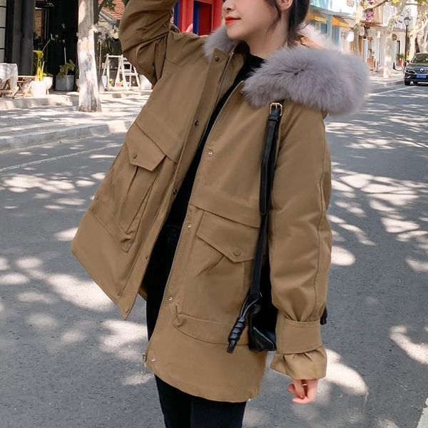 

2021 women winter warm parkas fashion solid thick warm big pockets wool liner hooded outerwear casual padded female jackets1, Black