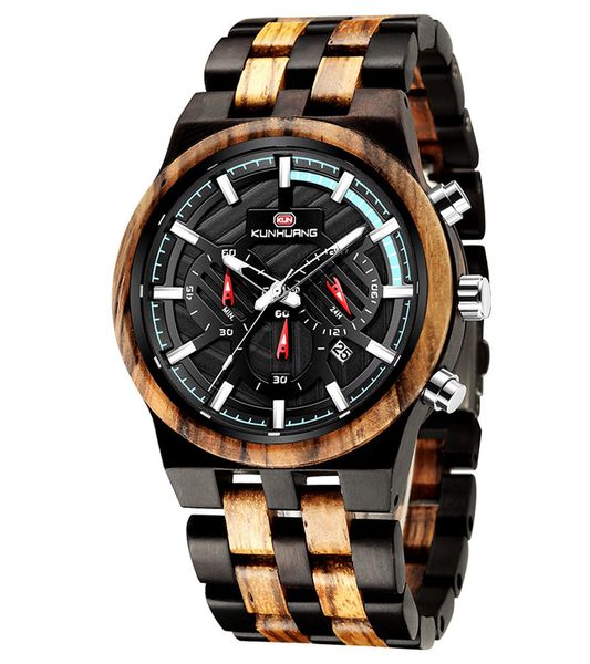 

luxury wood watch for men multifunctional calendar date luminous hands mens wooden wristwatch natural sandalwood quartz creative man watches, Slivery;brown