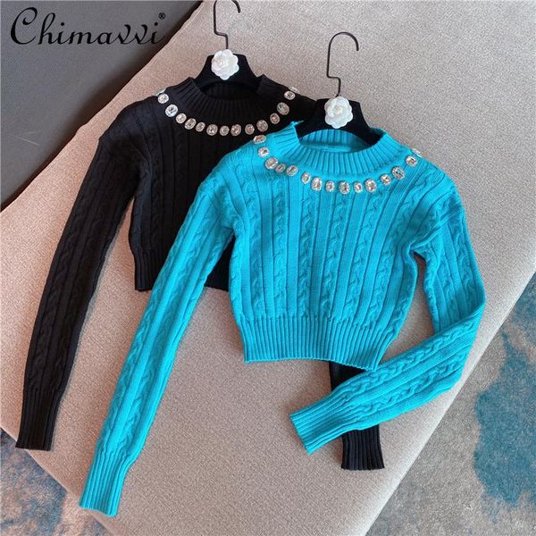 

2021 autumn and winter new solid color knitted sweater rhinestone round neck long sleeve pullover knitwear women cropped top, White;black