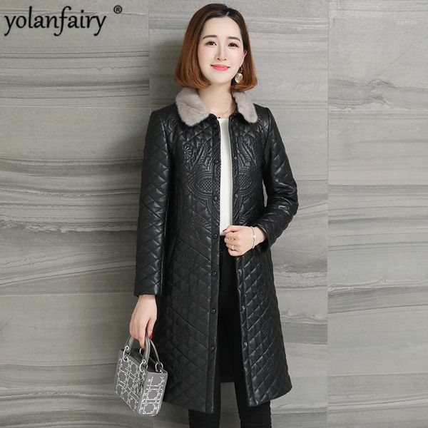 

women's leather & faux autumn winter genuine jacket women long sheepskin coat collar korean jackets parka 2021 hq17-cjx129b kj24931, Black