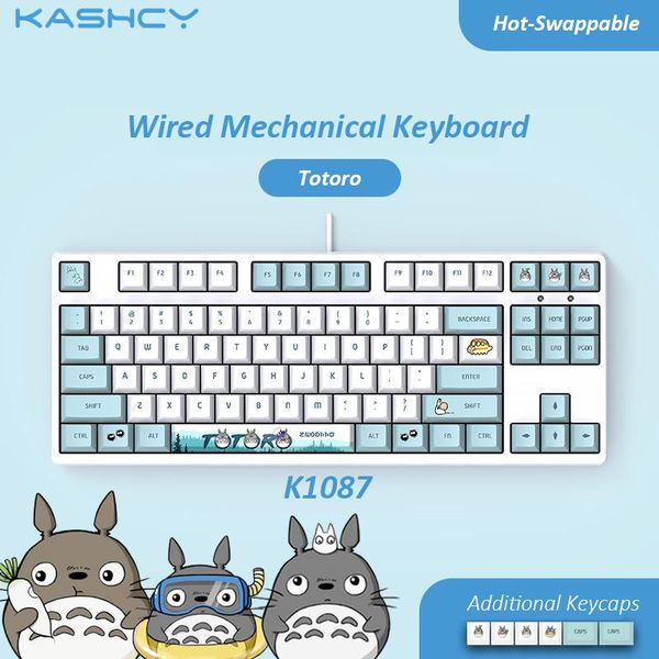 

kashcy k1087 cyan totoro wired mechanical gaming keyboard swappable switch with 87 keys pbt dye sublimation keycaps type-c port