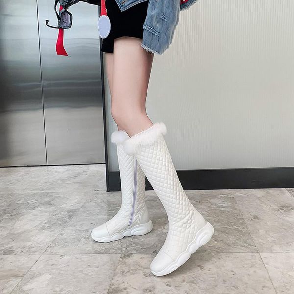 

ymechic 2020 winter ladies white black fur tassel platform wedges knee high riding boots female shoes plus size cute long boots