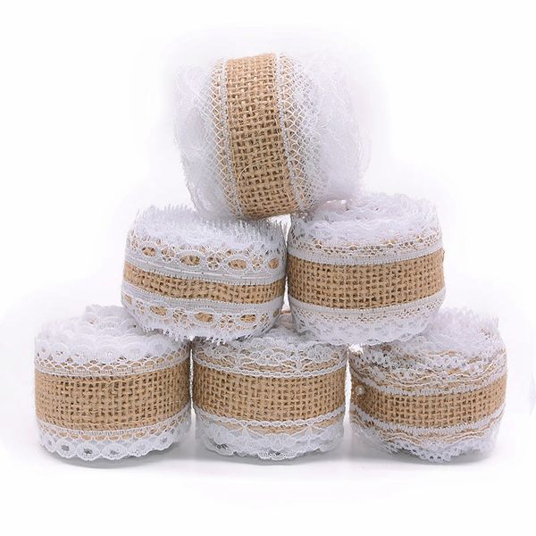 

2meter/lot 25mm jute burlap hessian ribbon with lace christmas party diy crafts vintage rustic wedding gift packaging decoration