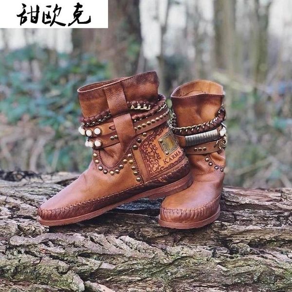 

fashion women ankle boots low heels boots vintage pu leather gladiator booties rivets buckle deco woman casual botas mujer, Black