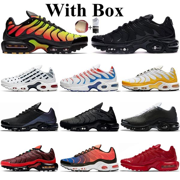 

with box 2021 plus tn running shoes for men triple black white yellow hyper blue before the bite chaussures mens trainers sports sneakers
