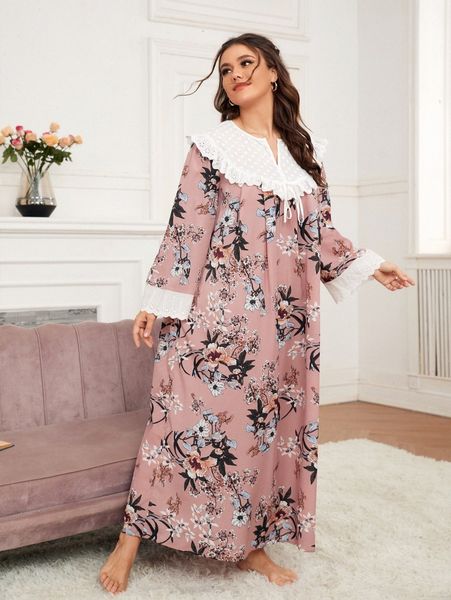 

plus floral print eyelet embroidery ruffle trim night dress p94f#, Black;white