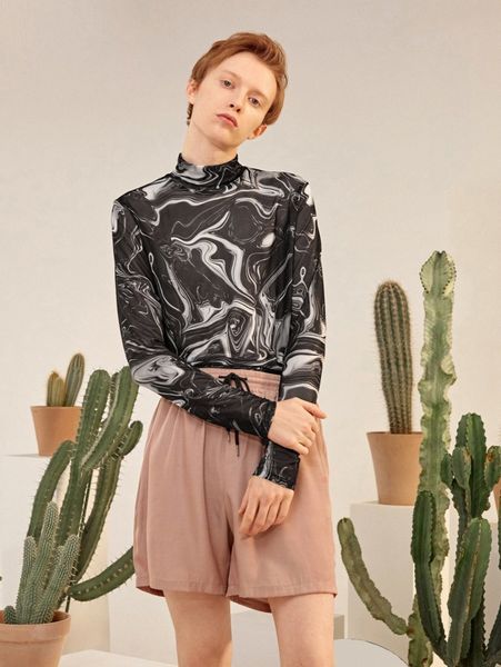 

men mock neck marble print mesh u6mz#, White;black