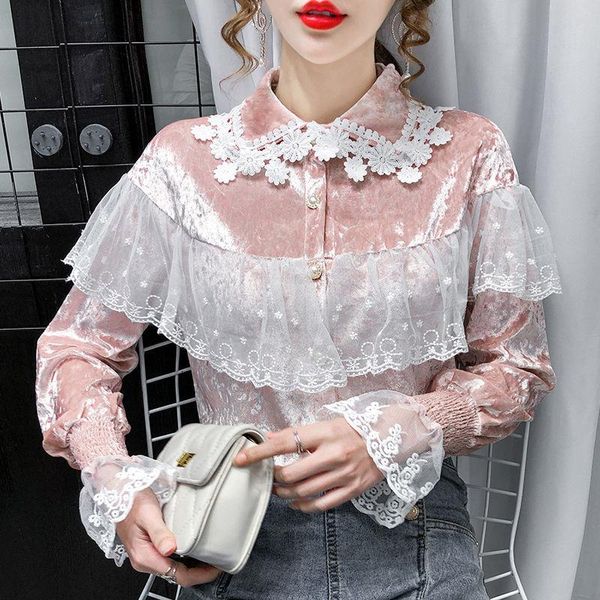 

2021 new autumn winter women casual loose blouse female elegant long sleeve fashion lace korean style solid shirts z28, White