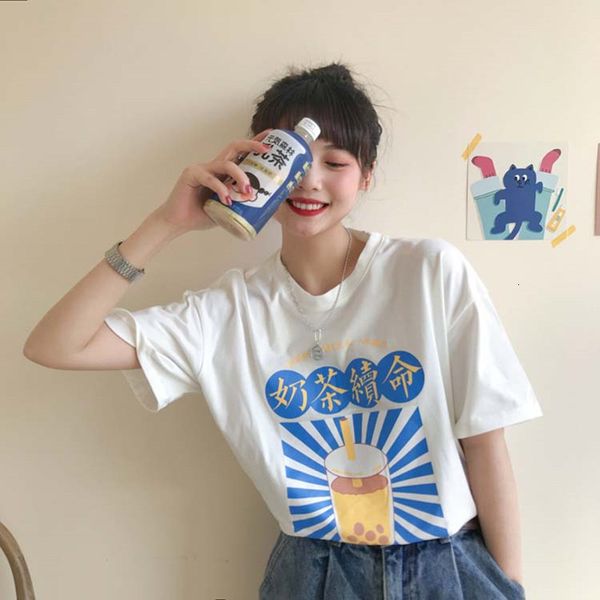 

2021 new 2 korean summer cartoon style print short sleeve women's loose femme shirt casual (f3960) aebb, White