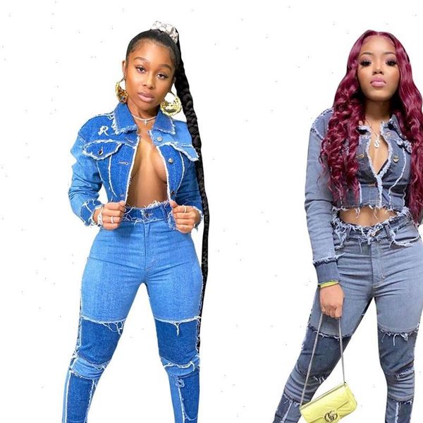 

active wear women denim patchwork jackets jeans pants suit tracksuit two piece matching set fitness outfits, Gray
